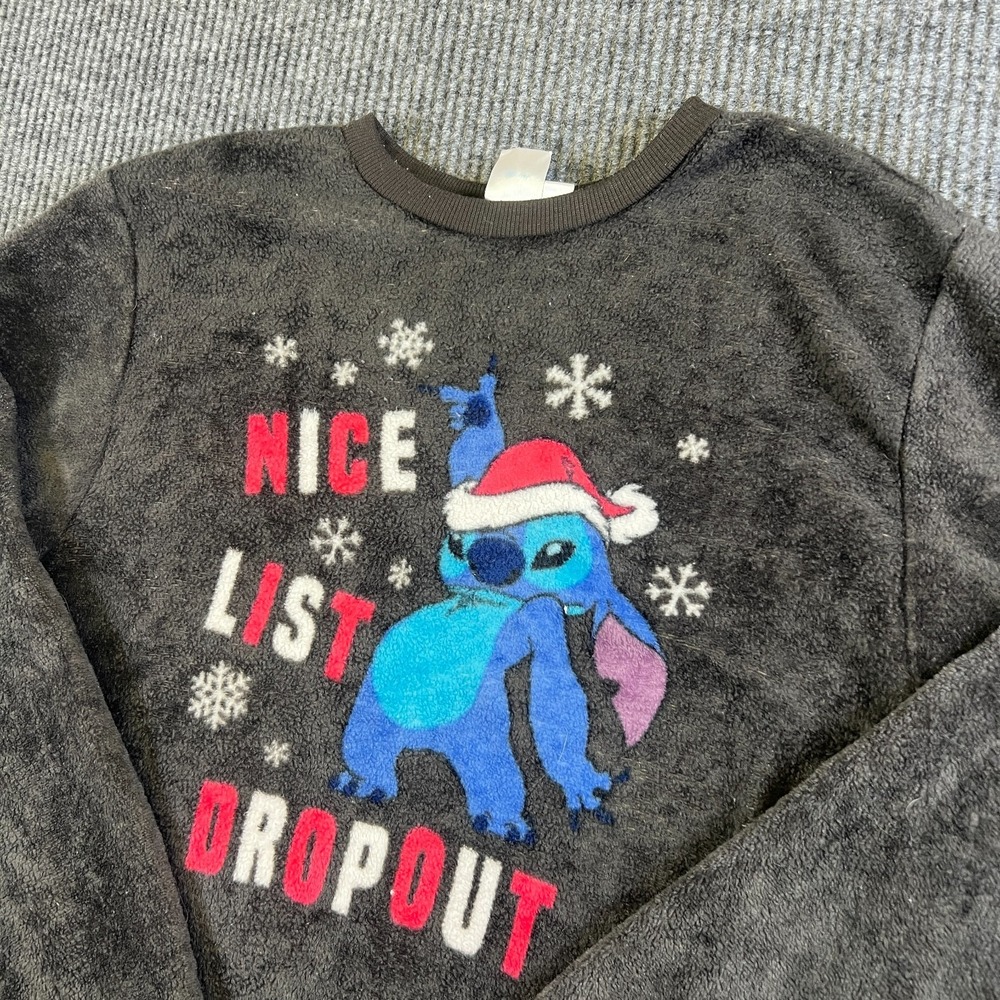 Disney Stitch Xmas Sweatshirt Womens L Gray Fleece Nice List Dropout